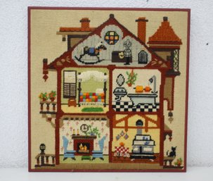 Framed Vintage Crewel Art Doll House Cosy House Embroidery