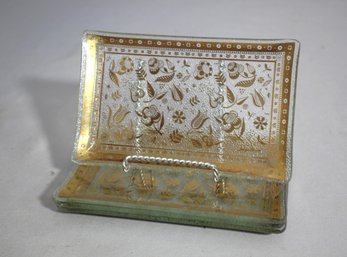 Set Of Four Georges Briard Persian Garden 22K Gold Embellished Glass Serving Trays 4.5' X 7'