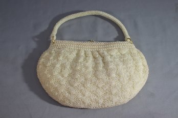 Gorgeous Vintage White Clear Bead Floral Pattern Purse