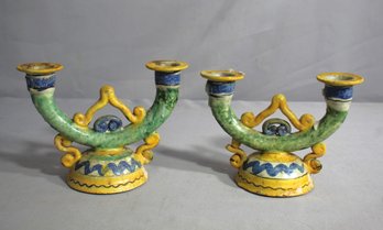 Pair Of Vintage Majolica Pottery Candle Holders