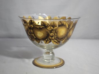 Vintage Clear & Gold Hand Painted Grapes, Pears Footed Fruit Bowl Compote 7.5'H