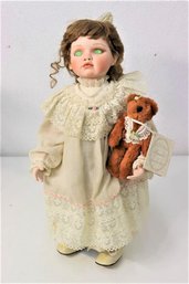 'Amelia' Hamilton Collection Porcelain Doll W/Bear, Stand Brown Curls, Cream  Dress, Green Eyes