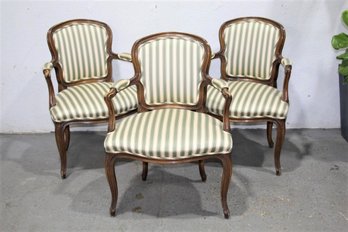 Three Louis XV-style Green And Cream Upholstered Armchairs