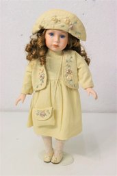 Porcelain Doll Blue Eyes Curly Brown Hair With Stand