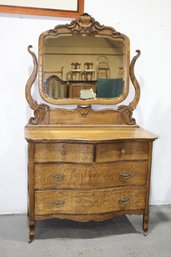 Vintage Tiger Oak  Victorian-style Serpentine Dresser Chest With Tilt Mirror On Harp Base