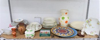 Shelf Lot Of Various Colorful Ceramic Tableware And Tabletop Accessories