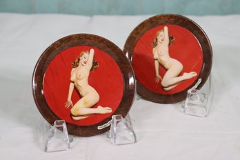 Two Vintage 1950s Marilyn Monroe Nude Painted Metal Coasters