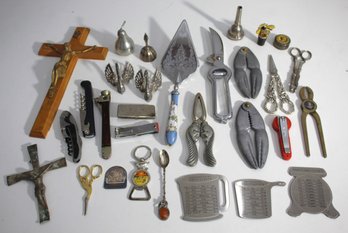 Vintage Collection Of Religious Icons, Tools, And Novelty Items  Assorted Metalware