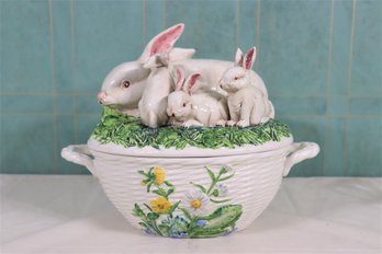 Horchow Easter Basket & Bunny Family Covered Serving Dish, Made In Italty