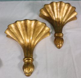 A Pair Of Maitland Smith Wood Sconces With Gold Trim