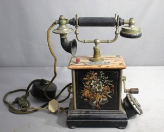 ANTIQUE TELEPHONE PHONE. METAL AND WOOD BOX CASE