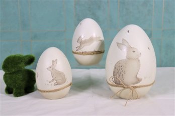 Set Of 3 Gallerie II Painted Terra Cotta Bunny Egg Figurines - Small, Medium, And Large