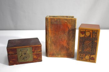 Set Of Three Vintage Wooden And Leather Decorative Boxes  Handcrafted Designs