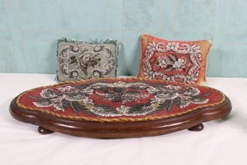 Vintage Beaded Victorian Footstool And 2 Small Beaded Throw Pillows