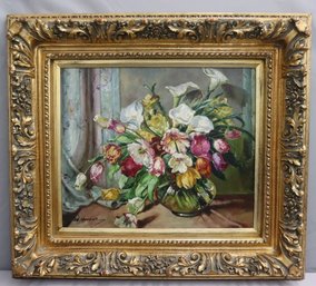 Elegant Frame With Still Life With Flowers In A Vase Reproduction Print On Canvas
