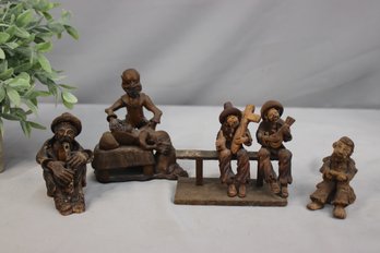 Group Lot Of 4 Folk Art Clay And Wood Bumpkin Figurines