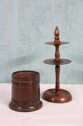 Antique Mahogany Thread Spindle Holder & Turned Wooden Cup With Copper Insert