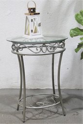 Silver Painted Wrought Iron Side Table With Oval Glass Top