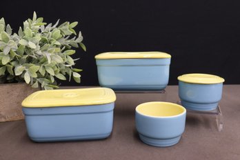 7 Piece Selection Of Vintage Hall 'Westinghouse Blue And Daffodil' Refrigerator Ware,  Circa 1952