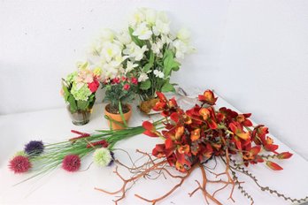Group Lot Of Artificial Flowers - Some In Pots And Some Loose Stems