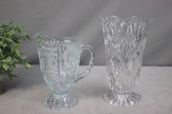 Vintage Cut Glass Vase And Pitcher