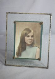 Vintage Sterling Silver And Crystal Picture Frame/ Etched Floral Designs