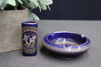 24 Carat Gold Detailed Greek Cobalt Ceramic Ashtray And Narrow Oval Vessel