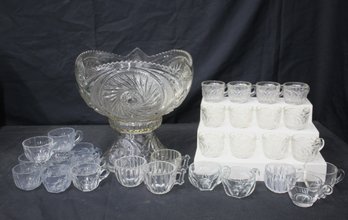 Intricate Punch Bowl, Stand, 12 Cups, Glass Ladle In American Brilliant Glass With Mix Cups