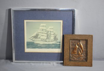 Ship Print With Pencil Inscription Along With A Copper Frame Sail Boat