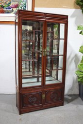 Chinoiserie Hardwood Carved Curio Cabinet With Glass Shelves And Mirrored Back