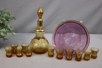 Vintage Italian Gilt Amber Glass Bottle With 11 Matching Glasses And A Lavender Glass Tray