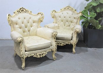 A Pair Of  Italian Rococo Style Tufted Rolled Arm Arch Back Chairs