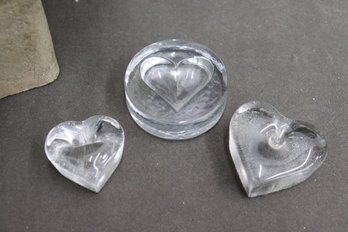 Three Textured Pebbled Glass Heart Paper Weights