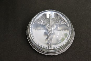 Caduceus Under Crystal Glass Dome Pewter Paperweight