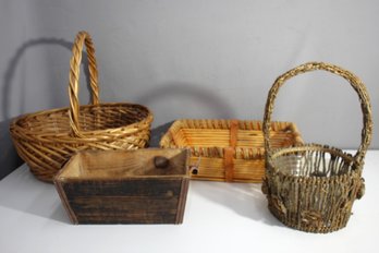 Collection Of Vintage Woven And Wooden Baskets  Rustic Storage And Decor