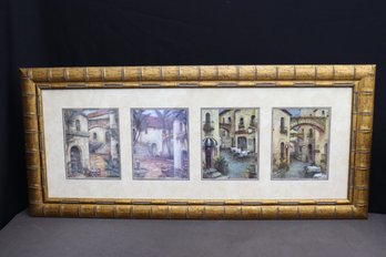 Decorative Faux Bamboo Frame With Row Of Four Color Prints Of Italian Village Views