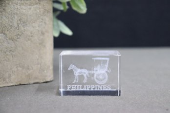 Philippines Souvenir Horse & Buggy Etched Glass Crystal Desk Block