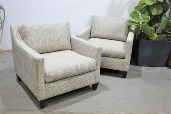 Two Ethan Allen Slope Arm Club Chairs In Blue, Cream, And Gold Large Paisley