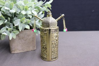 Torah Scroll In Cast Brass-tone Case With Panorama Of Jerusalem & Granulated Pomegranate