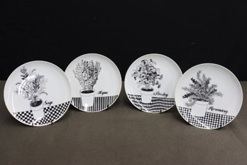 Set Of Four Fitz & Floyd Parsely, Sage, Rosemary, And Thyme Black On White Herb Plates