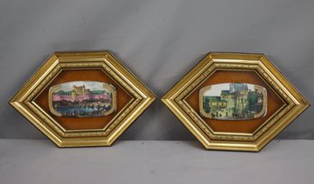 Pair Of Gilt Hexagonal Frames With Hand Painted Porcelain Plaques