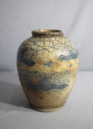 Antique Crackled Glaze Ceramic Vase With Blue Floral Motif