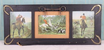 Antique From Maine -Triptych Of Vintage Color Equestrian Prints With Vintage Riding Tack And Horseshoes