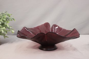 Vintage Amethyst Purple Butterfly Art Glass Centerpiece On Wood Pedestal