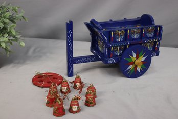 Vintage Folk Art Hand Painted Blue Wooden Cart And Santa Bell Chimes