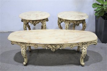 Trio Of  High Victorian Style Onyx Top Tables - Two Round Side Tables And An Oval Coffee Table