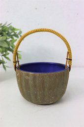 Rattan Handle Stoneware Bowl With Uguisucha Hue Fluted Outside And Cobalt Blue Interior, Signed Bottom