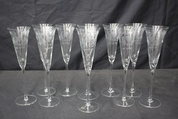 Set Of 10 Vintage Crystal Fluted Champagne Glasses - Etched With Hearts And Love Birds