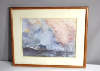 Framed Watercolor Landscape  Atmospheric Cottage Scene