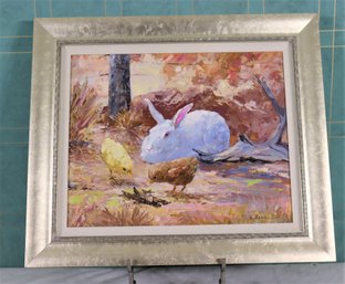 Peter Kolean Oil On Canvas 'rabbits And Chicks', Signed Lower Right